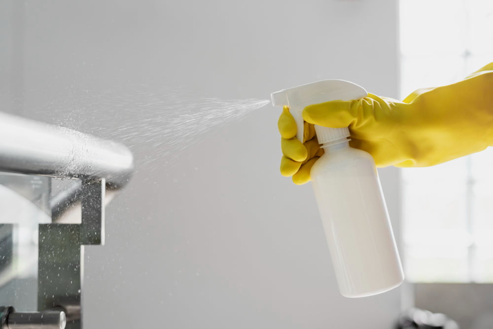 Quais os Eletrodomésticos para limpeza da Casa? 6 rubber gloved hand holding white spray bottle